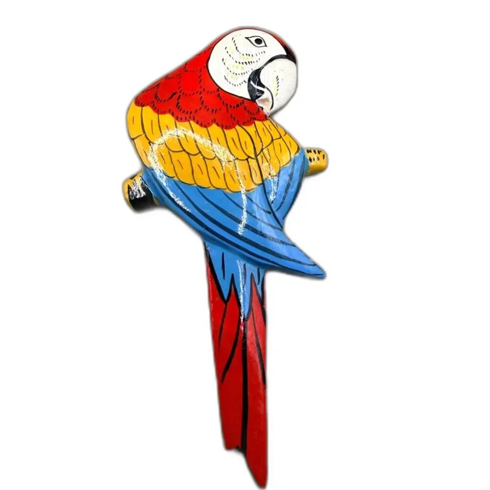 Vintage Hand Painted Wood Scarlet Macaw Parrot Brooch Pin Colorful Tropical Bird
